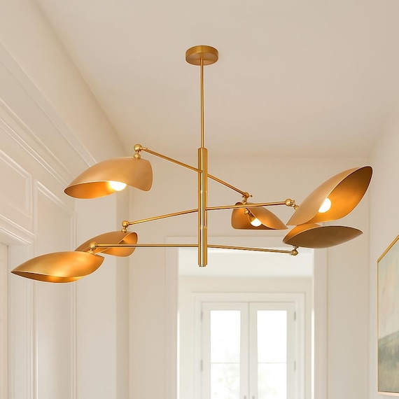Elegant Brass Ceiling Light – 6-Light Curved Shade Chandelier | Modern Sputnik Linear Fixture | Double Glass Shade Pendant