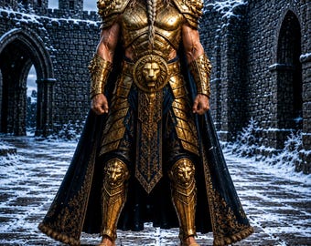Armatura dorata da re medievale con mantello blu, costume da guerriero fantasy, armatura reale medievale da re, profilo sinistro / armatura da guerriero leone dorato