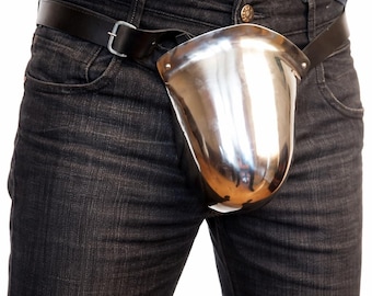 Medieval Steel Codpiece Armor | Polished Metal Groin Protector with Leather Belt | Knight Costume Codpiece | LARP Cosplay Armor