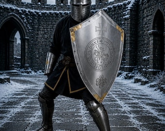 Etched Dragon Templar Shield - Handmade Steel Knight Shield, LARP/Cosplay