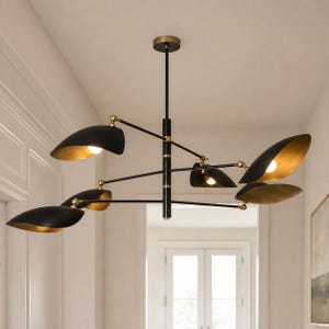 Elegant taklampa i mässing – ljuskrona med 6 ljuskällor och böjd skärm | Modern Sputnik-lampa med linjär armatur | Pendel med dubbel glasskärm 2 ton black brass