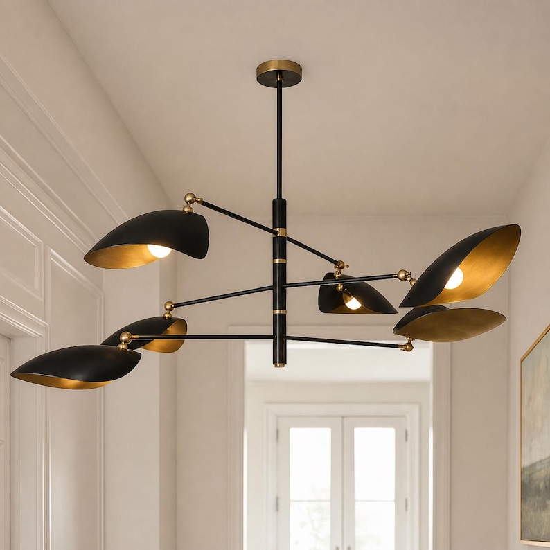 Elegant taklampa i mässing – ljuskrona med 6 ljuskällor och böjd skärm | Modern Sputnik-lampa med linjär armatur | Pendel med dubbel glasskärm 2 ton black brass