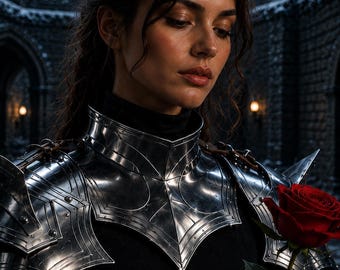 Armatura da cavaliere nero femminile con rosa rossa / Cosplay fantasy medievale / Spallacci in acciaio / Ritratto di guerriera gotica / Costume da castello innevato