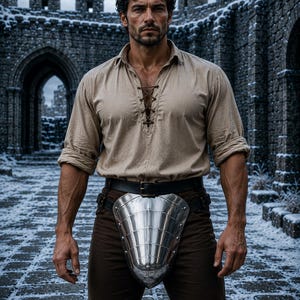 May include: A beige long-sleeved shirt with a lace-up front, dark brown trousers, a black leather belt, and a polished silver metal codpiece. The garment features a collared neckline and rolled-up sleeves, worn with a metallic protective piece.