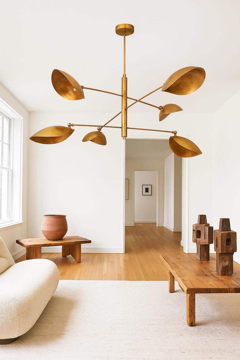 Elegant taklampa i mässing – ljuskrona med 6 ljuskällor och böjd skärm | Modern Sputnik-lampa med linjär armatur | Pendel med dubbel glasskärm bild 10