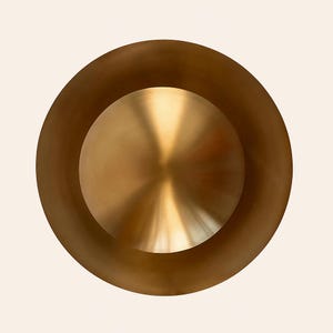 May include: A circular, two-toned metal object with a gold-colored center and a bronze-colored outer ring. The object has a reflective surface, creating highlights and shadows. The design is simple and modern, suitable for home decor.