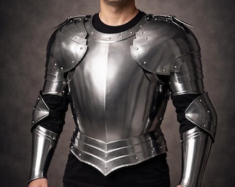 Medieval Steel Chest Armor with Pauldrons & Sword Pose | Handmade Knight Breastplate Armor | Cosplay, LARP Display Armor