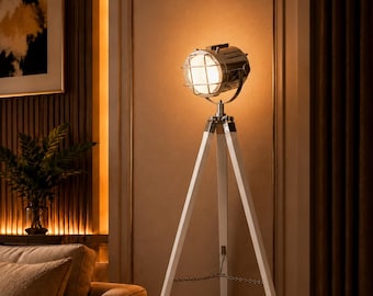 Lámpara de pie vintage con trípode de madera de 50 pulgadas: lámpara de estudio industrial para el hogar, la oficina, el loft, la sala de estar y los espacios creativos. Regalo de Navidad.
