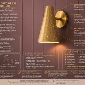 May include: A scalloped brass wall sconce featuring a conical shade with small perforations for indirect light. The fixture includes a round backplate and measures 12.5 inches in width and 6 inches in height. The metal has a brushed finish.