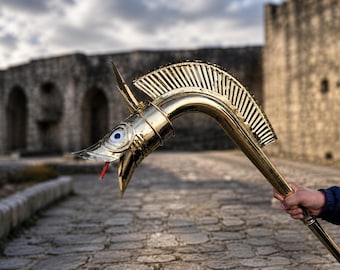 Corno da guerra Carnyx in ottone fatto a mano – Replica di un antico strumento musicale celtico, decorazione medievale e oggetto di scena per LARP