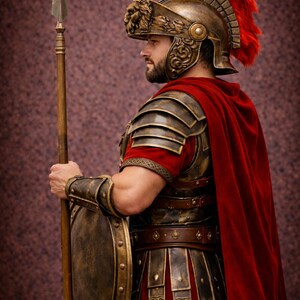 K&ouml;nnte beinhalten: Ein r&ouml;misches Soldatenkost&uuml;m mit einem bronzefarbenen Helm mit roter Feder, passender R&uuml;stung und rotem Umhang. Der Soldat h&auml;lt einen Speer und einen runden Schild, was historische Kleidung darstellt.