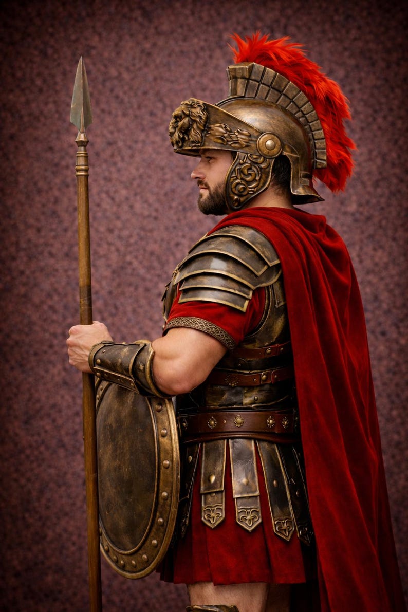 K&ouml;nnte beinhalten: Ein r&ouml;misches Soldatenkost&uuml;m mit einem bronzefarbenen Helm mit roter Feder, passender R&uuml;stung und rotem Umhang. Der Soldat h&auml;lt einen Speer und einen runden Schild, was historische Kleidung darstellt.