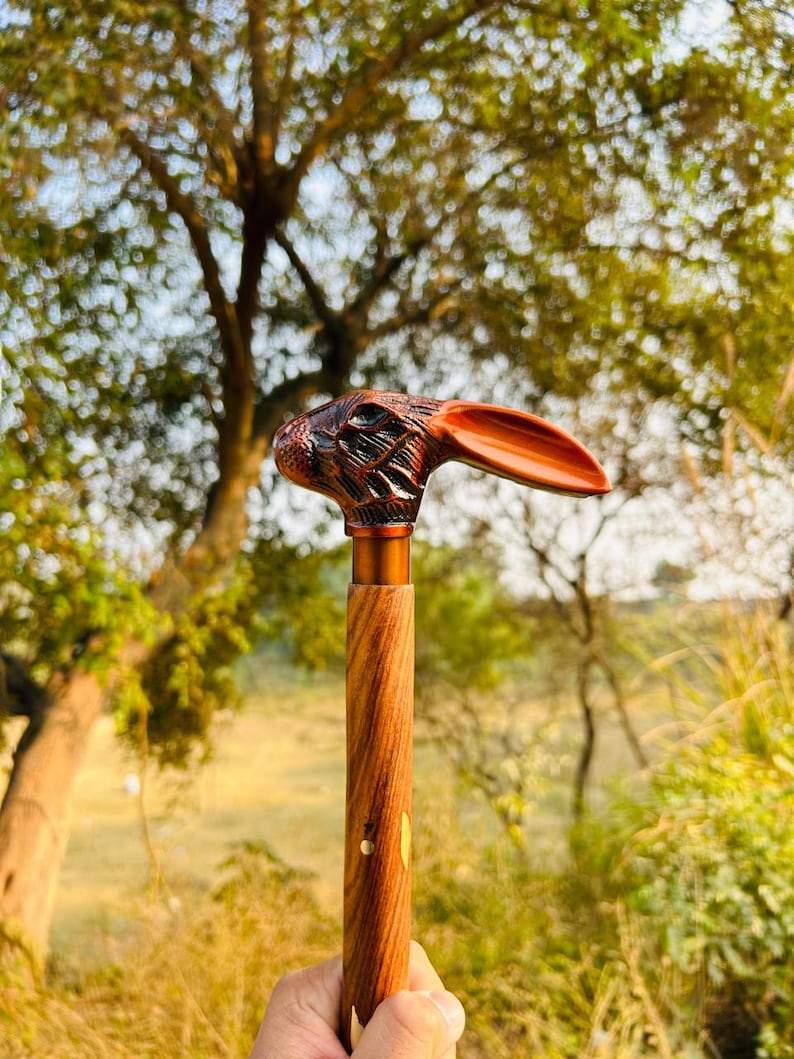 Handcrafted Rabbit Handle Walking Cane: Leather Carved Wooden Stick - Etsy
