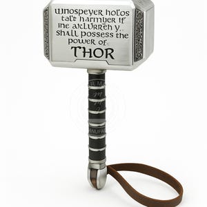 Thor Hammer Metal Collectible | 15-Inch Mjolnir with Odin Engraving | Handmade Prop with Full Grain Leather Wrap & Stand