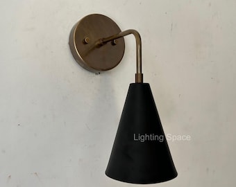 Handcrafted Brass Wall Sconce – Black Cone Shade, Minimalist Light Fixture