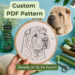 Può includere: Un modello PDF personalizzato con un'illustrazione a linee di un cane Shar-Pei all'interno di un telaio da ricamo in legno. Il design include etichette per i formati Guide, PNG e PDF, insieme al testo Ready in 12-24 hours.