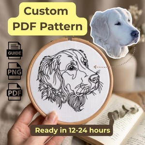 May include: An embroidery hoop with a line drawing of a dog's face, labelled as a custom PDF pattern. Text reads "Custom PDF Pattern" and "Ready in 12-24 hours". Includes guide, PNG, and PDF icons.