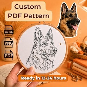 Op de afbeelding: Een aangepast PDF-patroon met een zwarte lijntekening van een Duitse herdershondkop in een ronde houten borduurring. Het ontwerp bevat tekstlabels voor Guide-, PNG- en PDF-bestanden, plus een foto van een Duitse herdershond.
