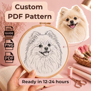 Może przedstawiać: Wzór PDF z rysunkiem liniowym psa rasy szpic miniaturowy w drewnianym tamborku. Obraz zawiera tekst Custom PDF Pattern, Guide, PNG, PDF oraz Ready in 12-24 hours, a także zdjęcie psa.