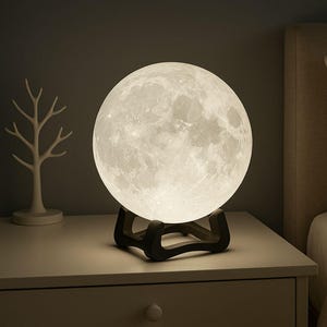May include: A glowing moon-shaped lamp sits on a white nightstand. The lamp has a detailed surface, mimicking the moon's craters. A small white decorative tree is to the left of the lamp. The lamp is supported by a black base.