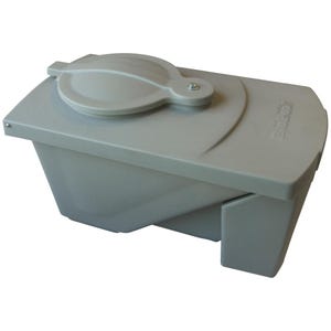 May include: A light gray, plastic compost bin with a hinged lid and a rectangular body. The lid has a rounded handle for easy opening. The words "BioPod" are printed on the side of the bin.