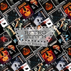 May include: Fabric with a collage of Halloween film posters. The posters are mainly black, orange, and white, with images of characters and titles. The design includes the text "Retro Stitch Custom Fabrics."