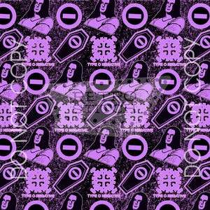 May include: A repeating pattern on a black background featuring the text "TYPE O NEGATIVE" and the phrase "DO NOT COPY". The design includes images of a man, coffins, and a symbol with a horizontal line through a circle, all in shades of purple.
