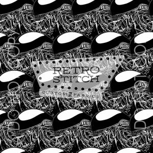 May include: A monochrome repeating pattern of an alien creature's face. The design includes the text "Retro Stitch Custom Fabrics". The background is black with white speckles.