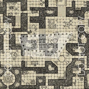 Puede incluir: Vista detallada y cenital de un mapa de mazmorras, que presenta un diseño laberíntico con numerosas habitaciones y pasillos. El mapa está renderizado en un estilo vintage, con un fondo beige y líneas de tinta negra, creando una estética de fantasía clásica. El texto "DO NOT COPY" es visible.