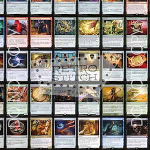May include: A collection of Magic: The Gathering trading cards, featuring various card art and text. The cards are arranged in a grid, showcasing different colors and illustrations. The image includes the text "DO NOT COPY" and "RETRO STITCH CUSTOM FABRICS".