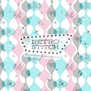 May include: A retro-style fabric design featuring a repeating pattern of wavy lines in white, gray, light blue, and pink, adorned with black starburst shapes. The text "RETRO STITCH CUSTOM FABRICS" is displayed.