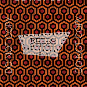 May include: Geometric pattern fabric in orange, red, and black. The design features a repeating hexagonal pattern with red centers. The words "DO NOT COPY" are printed vertically and horizontally. The text "RETRO STITCH CUSTOM FABRICS" is also visible.