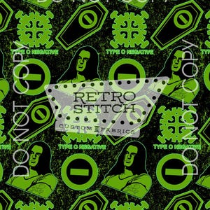 May include: Black and green patterned fabric featuring a repeating design of a man's portrait, the band's logo, coffins, and gears. The text "TYPE O NEGATIVE" is also included in the design. The words "DO NOT COPY" are also present.