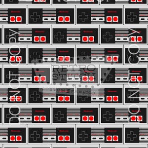 May include: A repeating pattern of classic Nintendo controllers in shades of gray, black, and red. The controllers are arranged in a grid-like fashion, with the word "Nintendo" visible on each. The phrase "DO NOT COPY" is overlaid on the design.