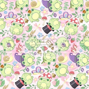 Cottagecore Frog Seamless Pattern – Pink Mushroom Print (Digital File)