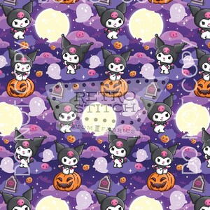 May include: A repeating pattern featuring a cartoon character with a black hood and pink accents, set against a purple sky with moons, ghosts, and pumpkins. The text "Retro Stitch Custom Fabrics" is visible.