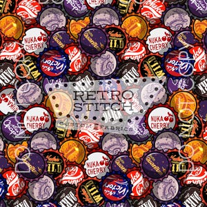 May include: A fabric design featuring a repeating pattern of colorful bottle caps. The caps display various brand names and designs, including "Nuka Cherry" and "Quantum." The overall color scheme includes red, purple, and gold.
