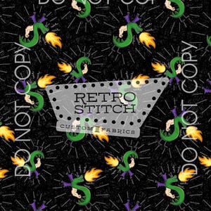 May include: Black fabric with a repeating pattern of green dragons breathing fire, with purple accents. The words "DO NOT COPY" are printed around the edges. The center has a logo that says "RETRO STITCH CUSTOM FABRICS."