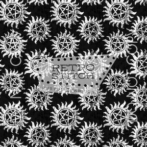 May include: Black and white fabric with a repeating pattern of sun-like symbols with a pentagram in the center. The words "Retro Stitch Custom Fabrics" are visible. The words "NOT COPY" are also visible.