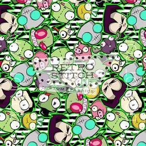 May include: Fabric with a repeating pattern of cartoon alien characters in shades of green, gray, pink, and purple. The background features black and white stripes with a green outline. The text "RETRO STITCH CUSTOM FABRICS" is overlaid on the design.
