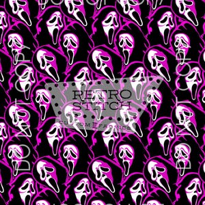 May include: A black fabric with a repeating pattern of white and pink Ghostface masks. The masks have a white face and a black hood, outlined in pink. The words "Retro Stitch Custom Fabrics" are visible.