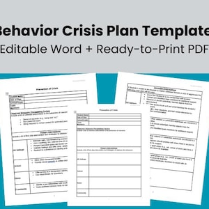 Può includere: Documenti di carta bianca con il testo "Behavior Crisis Plan Template" e "Editable Word + Ready-to-Print PDF". I documenti presentano tabelle e liste per la prevenzione e l'intervento in caso di crisi.