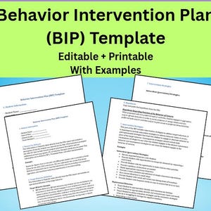 Peut inclure: Graphique vert et blanc avec le texte "Behavior Intervention Plan (BIP) Template" et "Editable + Printable With Examples". Plusieurs feuilles de papier blanches avec du texte sont visibles.