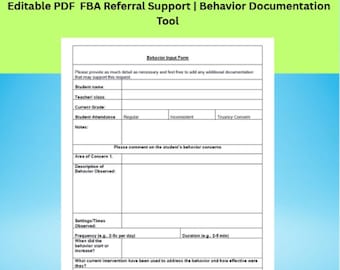 Formulario de entrada de comportamiento para docentes / PDF editable / Apoyo para derivaciones de FBA