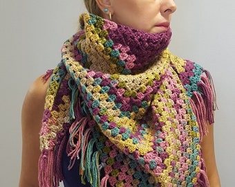 Granny square shawl, triangle shawl, crochet shawl, scarf, triangle wrap shawl, crochetted triangle shawl, multicolor shawl