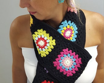 Granny square scarf, crochet square afghan scarf, colorful scarf, long scarf, colorful wrap scarf, for her