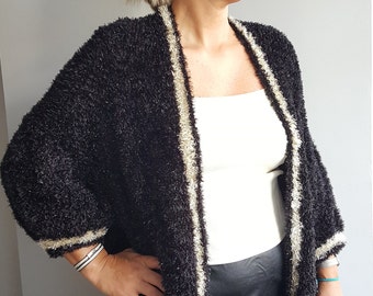 READY TO SHIP, Cardigan black and white, women sweater, comfortable cardigan, textured yarn, faux fur thread, thick waves cardigan, for mom