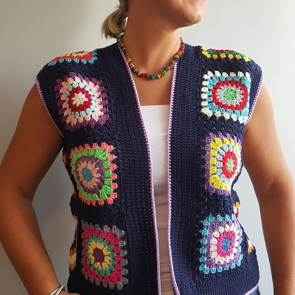 Granny square waistcoat, vest for women, crochet waistcoat, vintage womens crochet motif, crochet vest, colorful waistcoat, boho waistcoat