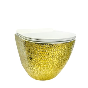 Luxury Wall Hung Toilet | 18k Gold Plated Alligator Designer Commode | Modern White & Gold Bathroom Fixture | Premium Ceramic Tankless WC