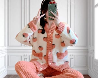 Peach Plush Pajama Set: Flannel Loungewear, Winter Sleepwear